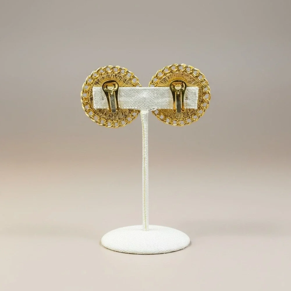 Vintage Gold Tone Faux Pearl Clip‎ On Earrings Large Round Statement Earrings